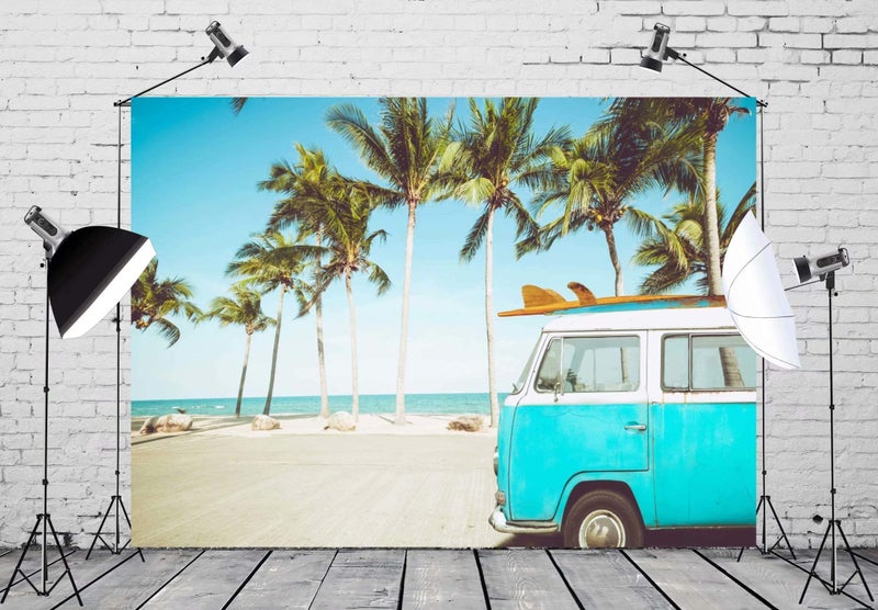 BELECO 9x6ft Fabric Tropical Beach Backdrop Vintage Blue Bus Surfboard Holiday Travel Camping Background Summer Hawaii Surfing Phtography Backdrop Luau Party Decoration Birthday Banner Photoshoot - Image 4